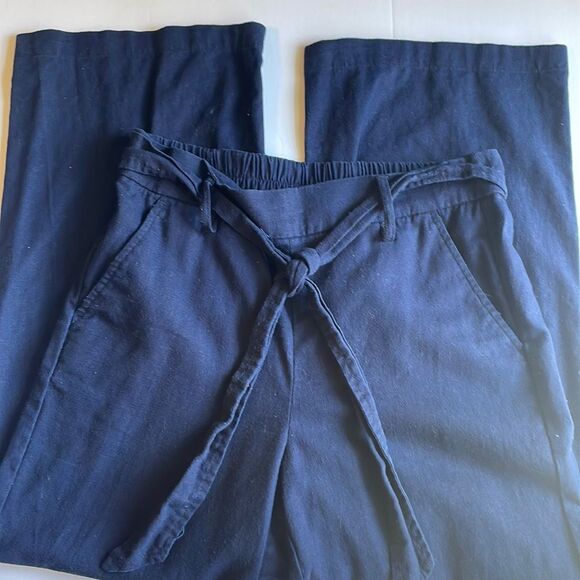 J. Crew Pants - J. CREW 55% Linen 45% Cotton Navy Pull On Pants Tie Belt Side Pockets Wide Leg 2